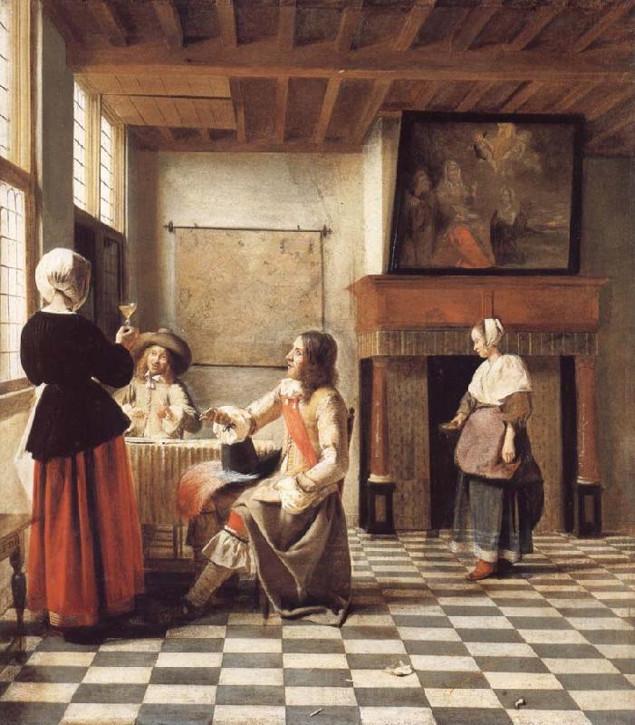 Pieter de Hooch An Interior,with a Woman Drinking with Two Men,and a Maidservant